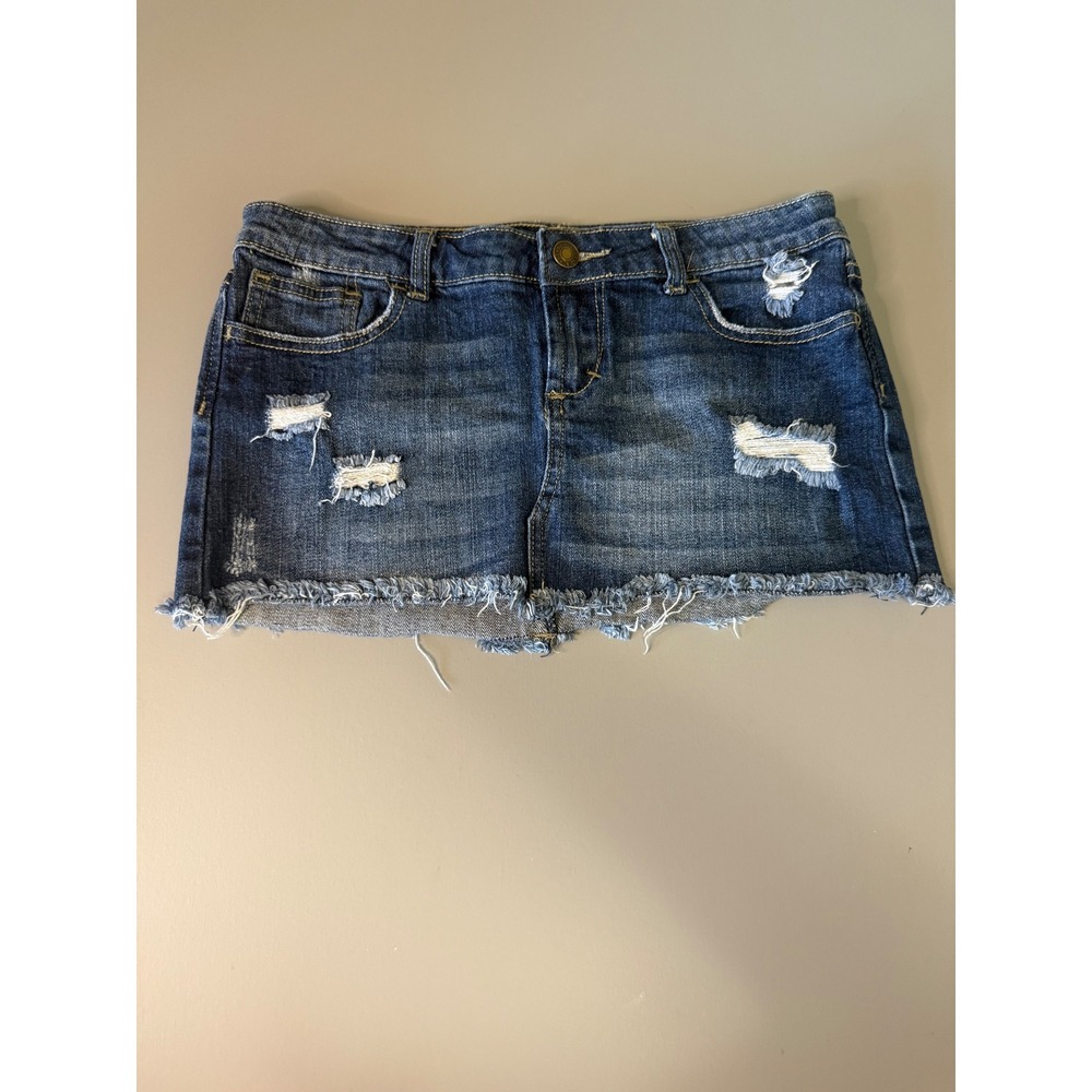 Vintage Wet Seal Distressed Denim Mini Skirt Blue Frayed Hem Y2K Size 5